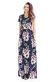 HOTAPEI Women's Floral Print Long Dress Short Sleeve Empire Flower Maxi Dresses Navy 1 Medium