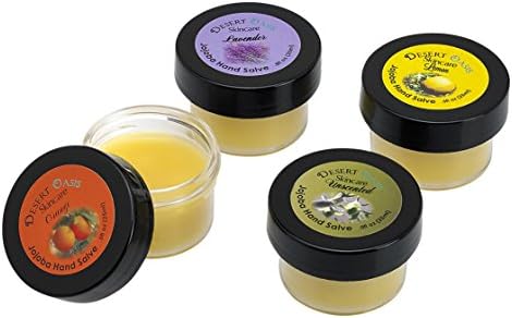 4 pack, Travel Size Jojoba Oil Hand and Body Salve Sample Pack, 4 mildly scented units 0.5 oz (14 gm), all natural, undeoderized jojoba oil and Lemon Zest, Orange Zest, Lavender Blossoms, Unscented