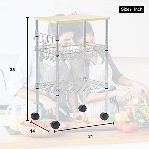 Heavy Duty Utility Cart Wire 3 Tier Rolling Cart Organizer NSF Kitchen Cart on Wheels Metal Microwave Cart Large with Wire Shelving and Microwave Table Heavy Duty Commercial Grade, Wood/Chrome