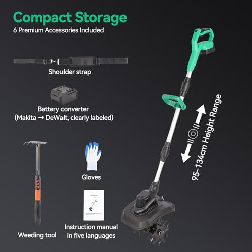 Battery Tiller with Shoulder Strap & Digital Display | Brushless Motor 500W | Width 23 cm | Compatible Makita Batteries 18 V & DeWalt 20 V | Cordless Electric Motorcycle 21 V