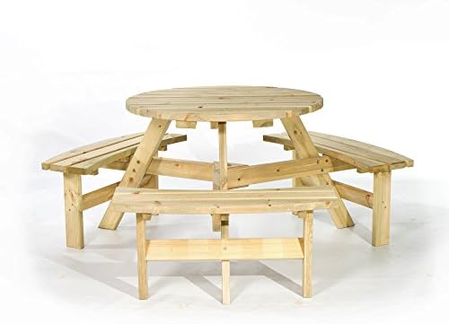BrackenStyle Picnic Pub Bench 6 Seater Round Wooden Garden Patio Table Thick Timbers