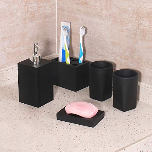 Bathroom Accessories Set, 5 Piece Resin Bathroom Sink Set, Toothbrush Holder, Liquid Soap Dispenser, Soap Dish, 2 Tumblers, Black - Thumbnail 6