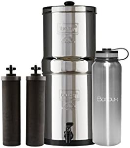 Travel Berkey Water Filter System includes Black filters (1.5 Gallon) bundled with Boroux 40 oz Stainless Steel Double Wall Bottle