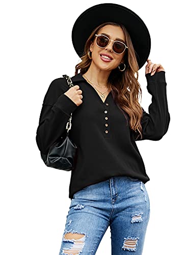 SHIBEVER Women Button Down Up Shirts Long Sleeve V Neck Blouse Ribbed Knit Relaxed Fit Tunic Tops Black M