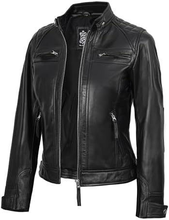 Men's Leather Biker Jacket, Multi-Zipper, Quilted Shoulders (US