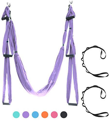 Aerial Yoga Swing - Ultra Strong Antigravity Yoga Hammock/Sling for Air Yoga Inversion Exercises - 2 Extensions Straps Included (Purple)