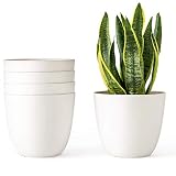 Mkono 5.5 Inch Plastic Planters Indoor Set of 5 Flower Plant Pots Modern Decorative Gardening Pot with Drainage for All House Plants, Flowers, Herbs, African Violets, and Seeding Nursery, Cream White