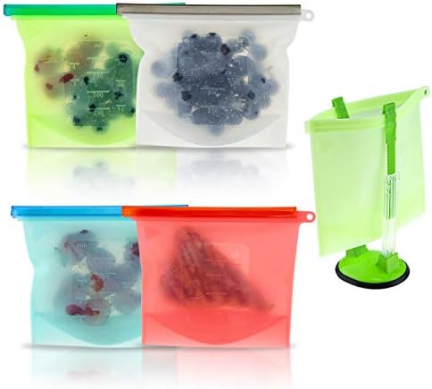 Reusable Silicone Sandwich Food Storage Bags (4 Pack) with Bag Holder Extra Thick Snack Bags for Lunch Sandwiches, Fruit, Meal Prepping Microwaves Freezer Dishwashers & Sous Vide Clear Bags