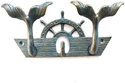 Cast Iron Tails of Mermaid Hook with Ship Wheel Blue with Bronze Finish 8" x 5"