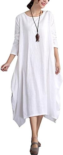YANXH Women Spring Autumn Cotton and Linen Dress Long Sleeves Loose Flax Shirt Tops, White, Asian L (Bust 102CM)