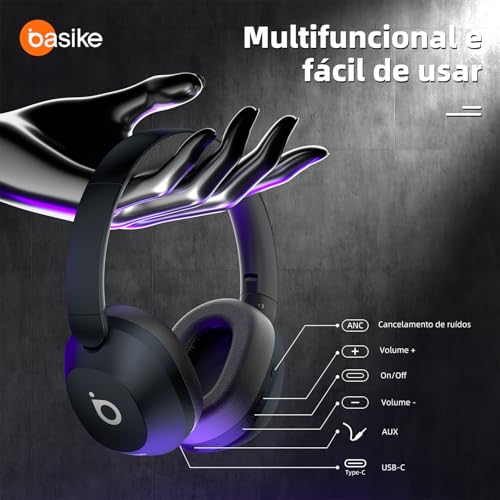 Basike Fone de Ouvido Bluetooth, ANC Cancelamento de Ruído Ativo Headphone Bluetooth 5.4 Headset com Microfone, Certificação Hi-Res Audio, 30 horas reprodução, LE15 (Azul)