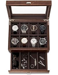 TAWBURY Leather Watch Box for Men | 12 Slot Watch Case with Valet | Watch Storage with Large Watch Holders and Jewelry Organizer | Menâ€™s Watch Display Stand for Dresser | Luxury Gift Box Included