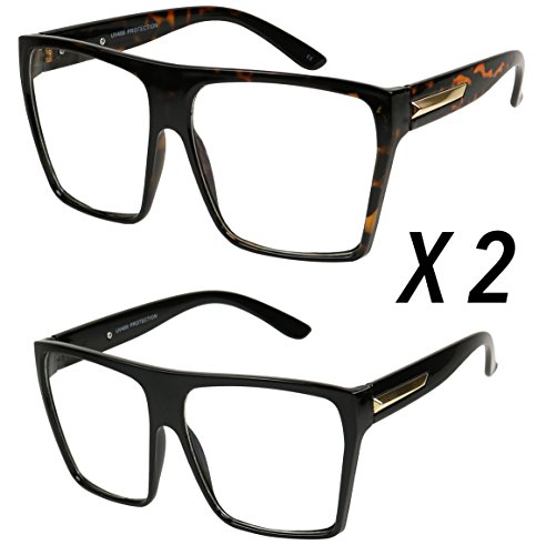Basik Eyewear - Super Oversized Trapezoid Flat Top Clear Lens Sun Glasses XL Frames (2-Pack (1 Black / 1 Tortoise), 5 3/4)
