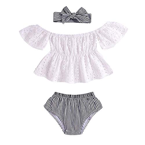 NUWFOR Infant Baby Girls Off Shoulder Solid Lace Tops+Striped Shorts+Headband Outfits (White,18-24 Months)