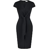 GRACE KARIN Women's Summer Midi Dresses Cap Sleeve Tie Waist Work Dress Slit V-Neck Bodycon Dress Business Casual Outfits