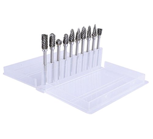 VCCA 10PCS Tungsten Carbide Double Cut Rotary Burr Set with 1/8 Inch Shank 1/4 Inch Head for Die Grinder Drill, Metal Carving, Engraving