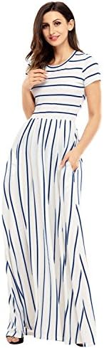 Women 3/4 Sleeve Elastic Waist Loose Long Dress Casual Striped Round Neck - Maxi Long Dress Side Pocket