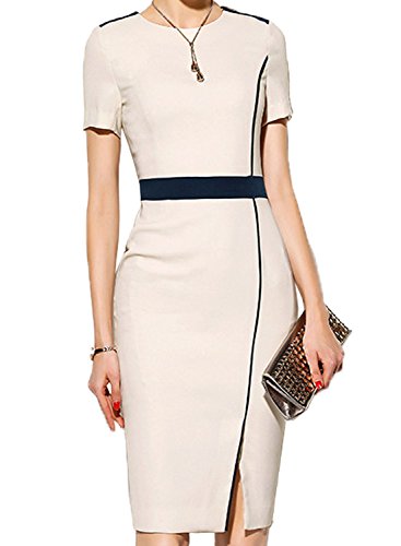 WOOSUNZE Women's Short Sleeve Colorblock Slim Bodycon Business Pencil Dress (Small, Apricot)