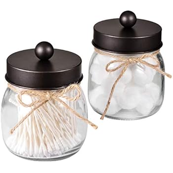 Mason Jar Bathroom Apothecary Jars - Rustproof Stainless Steel Lid,Farmhouse Decor,Bathroom Vanity Storage Organizer Holder Glass for Cotton Swabs,Rounds,Ball,Flossers,Bath Salts (Bronze, 2-Pack)