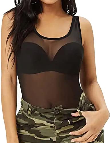 Allchic Womens Sheer Mesh Tank Tops, See Through Scroop Neck