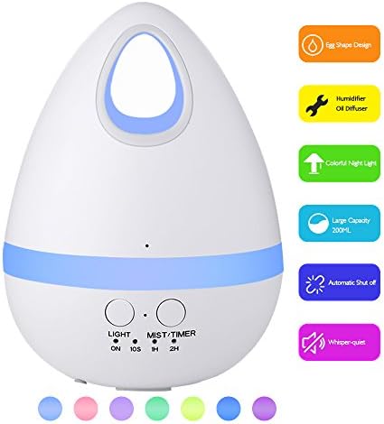 YCTA 200ml Ultrasonic Aroma Essential Oil Diffuser,Egg Shape Design Cool Mist Humidifier for Home Bedroom Kids Office Yoga Spa,7 Color Lights (White)