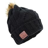 Tenergy Wireless Bluetooth Beanie Hat with Detachable Stereo Speakers & Microphone, Fleece-Lined Faux Fur Pom Pom Music Beanie for Women Outdoor Sports (Black)