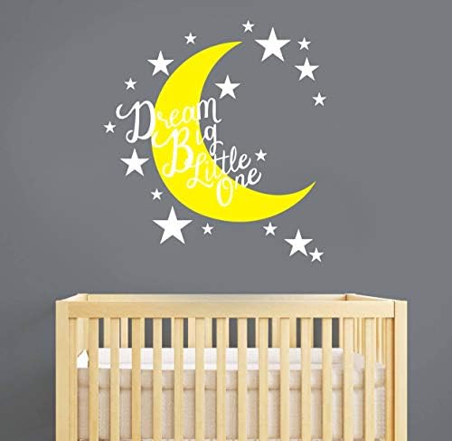 Moon and Star Nursery Wall Decal, Dream Big Little One Quote Wall Decals, Vinyl Wall Stickers for Baby Kids Boys Girls Bedroom, Nursery Decor Y12 (Yellow,White)
