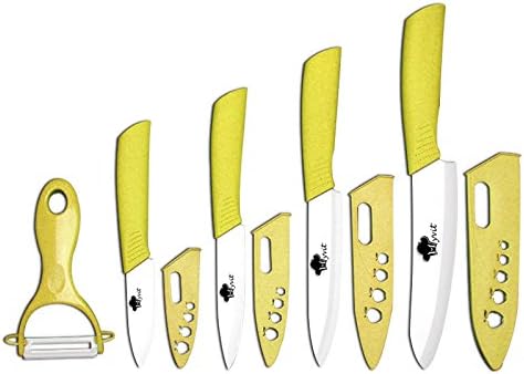 MYVIT Ceramic Knives Set Multi-color Handle 3" 4" 5" 6" kitchen knives set white blade with sheath zirconia (Yellow)