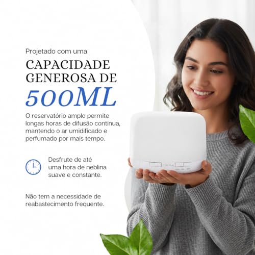 Difusor De Aromas, Umidificador De Ar Ultra-Sônico 500Ml, Difusor De Óleo Essencial, Abajur Led, Lâmpada Colorida Com Controle Remoto Branco Premium