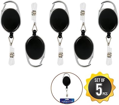 Pro Badge Holder | 5pcs Retractable Reel ID Card Holders | Lightweight ABS Case Keychain Name Tag Stainless Steel Zinc Alloy Metal Carabiner 24" Non-Tangle Cord | Black | 1574
