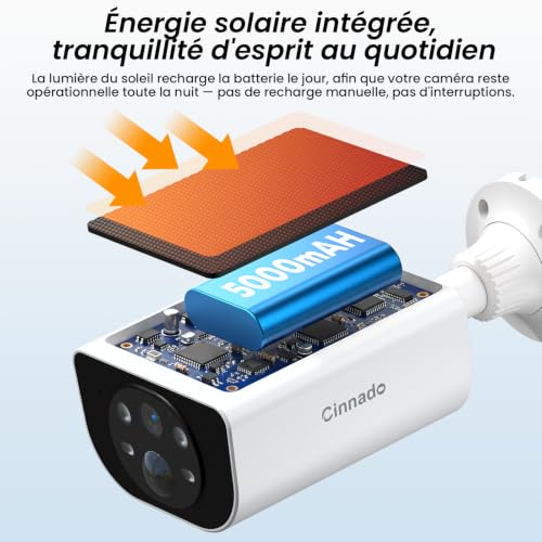 Cinnado 2K Camera Surveillance WiFi Exterieure sans Fil - Camera Exterieur sans Fil Solaire avec Panneau Solaire Intégré, 2.4GHz, Audio Bidirectionnel, Vision Nocturne Couleur, Alerte PIR, IP65