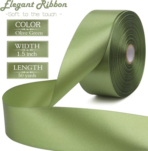 HZYH Olive Green Solid Satin Ribbon 1-1/2 Inch 50 Yards Solid Polyester Fabric Ribbon for Gift Wrapping Wedding Christmas Baby Shower Birthday Party Decoration Handmade Immortal Flower Craft