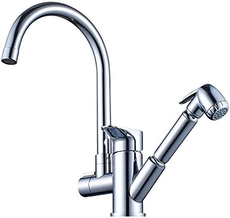 VAKO Stainless Steel Faucet with Spray Gun, Solid Brass Pull Out Spray Chrome Brass Kitchen Sink Faucet Mixer Tap Single Handle Two Swivel Spouts Tap