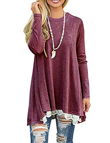 Women Lace Long Sleeve Tunic Top Blouse Loose Casual Pullover Fall Clothes Red S