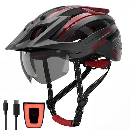 RLQA Bicycle Helmet Men Women MTB Road Bike Helmet with Removable Magnetic Visor & Glasses, Cycling Helmet with 24 Air Slits, LED Rear Light, Riding Helmet Adjustable Coarse
