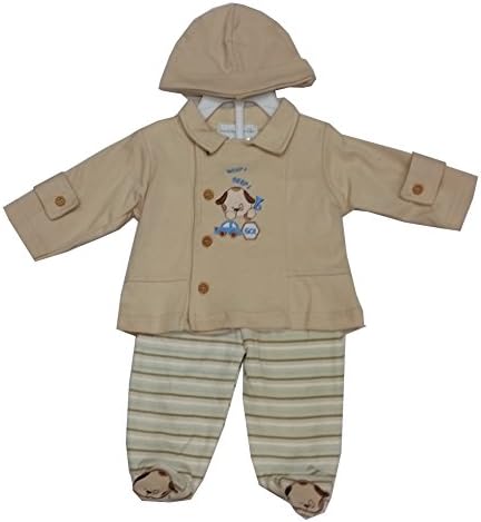 Rumble Tumble Baby Boys Tan Stripe Dog Applique Jacket Hat 3 Pc Pant Set 3-6M