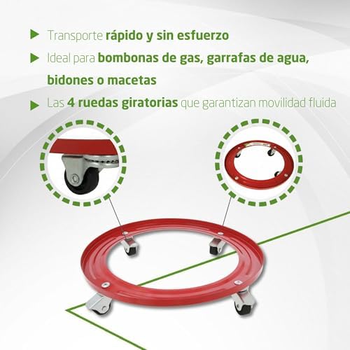 - Suporte para cilindros de butano - Carrinho de transporte com 4 rodas girais - Diâmetro Ø31cm - Carga máxima 30kg - Suporte para tambores e panelas - Cor laranja - Aço de liga
