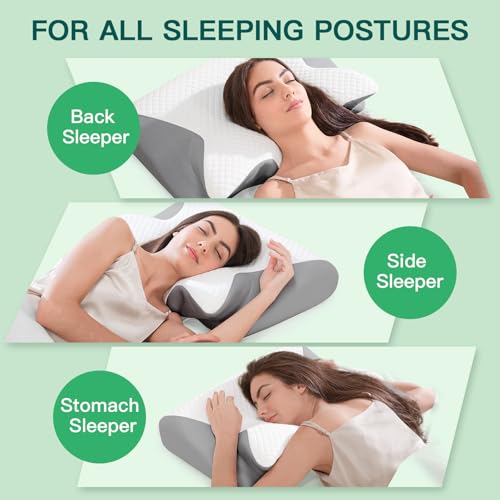 FEYIDEO Cervical Pillow, 2 in 1 Ergonomic Memory Foam Pillow Pillows for Neck Side Sleeper, Back and Mouth Down, 60 x 40 x 12/14 cm (Grey)