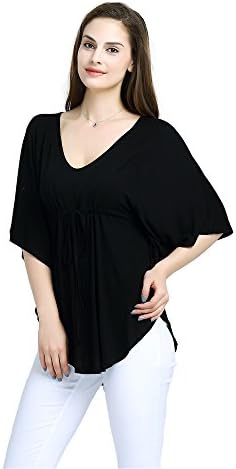 Yagoor Women's V-neck Casual Loose Fit Tunic Shirt with Drawstring Detail Tailored Batwing Short Sleeve Plus Size Blouse Top black 3xl
