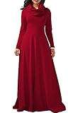 Boloren Women Full Sleeve Cowl Neck Plain Color Thicken Loose Casual Long Maxi Dress