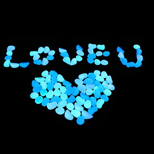Unime Glow in the Dark Garden Pebbles Stones for Yard and Walkways Decor, DIY Decorative Luminous Stones in Blue (100 PCS)