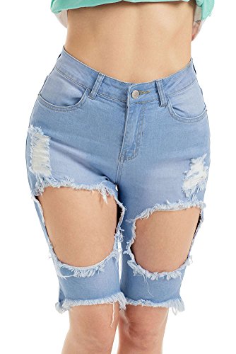 Roswear women s ripped denim destroyed mid rise stretchy bermuda …