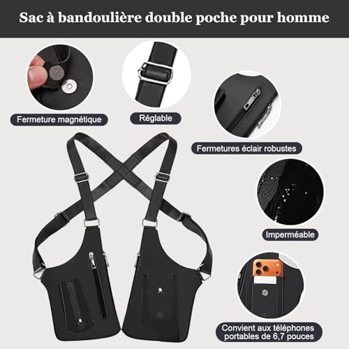 gresonic Men's Double Leather Crossbody Bag for Under Armpits, Adjustable Shoulder Bag with Low Magnetic Attraction and Anti-Theft Design Discreet