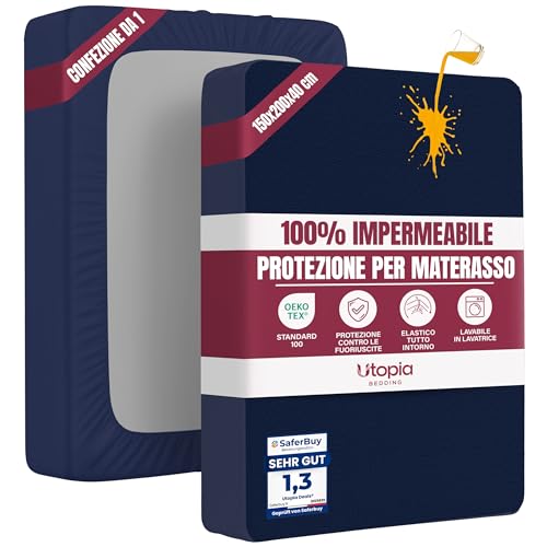 Coprimaterasso Matrimoniale Impermeabile 150 x 200 x 40 cm, Certificato OEKO-TEX, Proteggi Materasso, Traspirante, Lavabile, Stile Montato Tutto Intorno Elastico Blu Navy