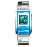 Mens Unique Stainless Steel Rectangle Digital Electronic LED Waterproof Casual Sport Dress Watch Adjustable Band, Stop Watch, Back Light, Calendar Date Day, Alarm, 164FT 50M Water Resistant - Blue