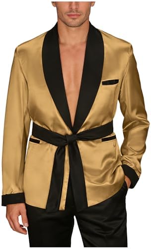 Men's Silky Satin Smoking Jacket (Small, Black Brocade Design) at