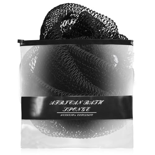 African Net Sponge Authentic for Exfoliating - Extra Knots for Deep Cleansing & Back Scrubbing - Body Scrubber Washcloth for Women & Men - Daily Shower Exfoliator for Smooth, Glowing Skin(Black)