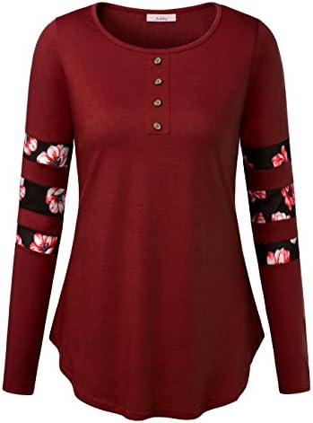 Jubby Women's Floral Striped Long Sleeve Color Block A-line Flared Tunic Top Small Wine
