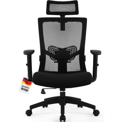Daccormax Bürostuhl Ergonomisch, Schreibtischstuhl mit Verstellbarer Kopfstütze, Armlehnen, Lendenwirbelstütze, Drehstuhl Wippfunktion bis 135°, Chefs