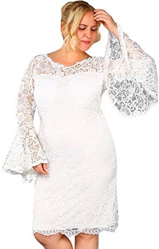 Hopin Womens Lace Dresses Plus Size Flare Sleeve Cocktail Knee Length Evening Midi Dress